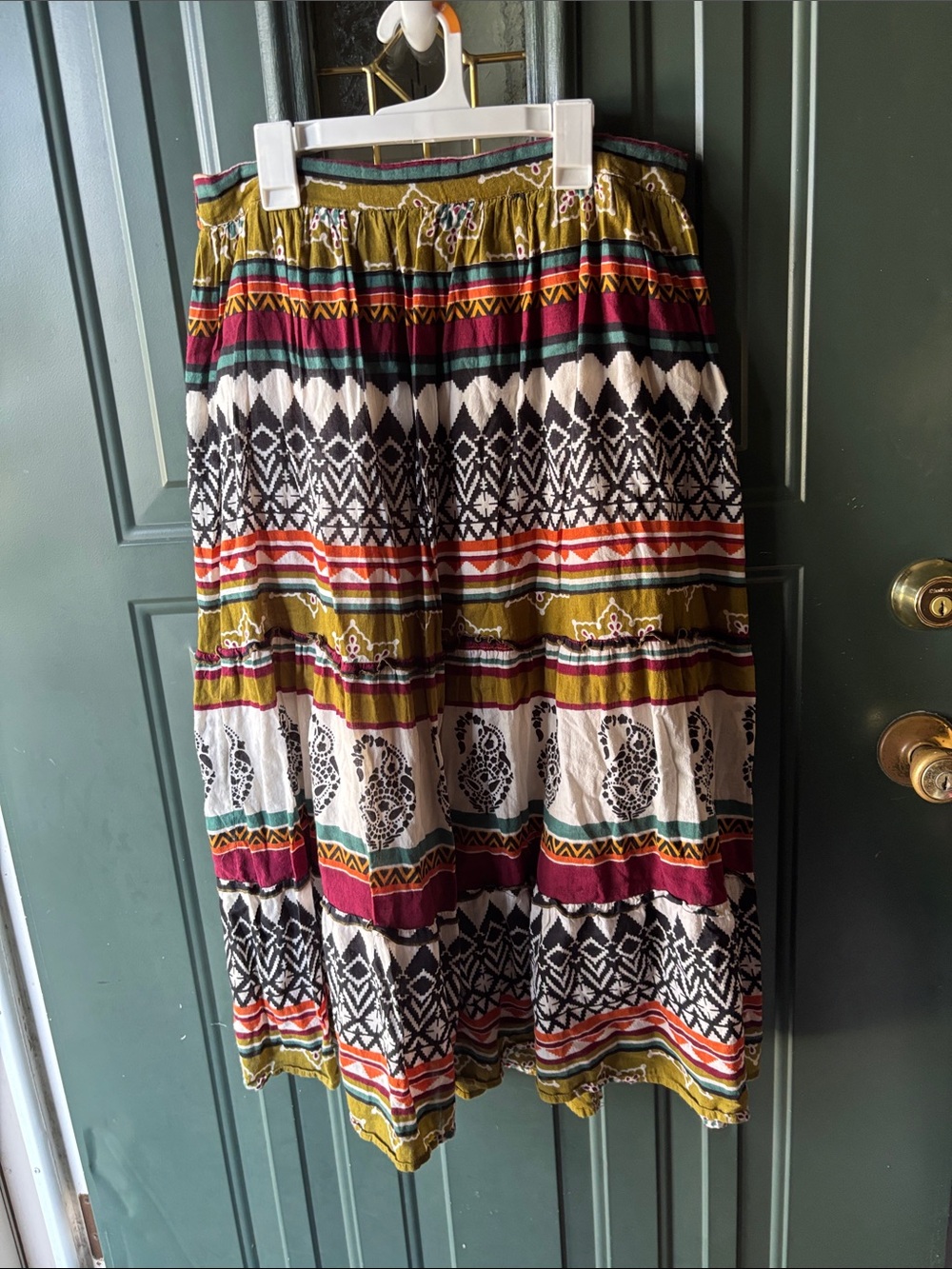 Studio West Boho Tiered Midi Skirt in Olive, Burgundy & Black